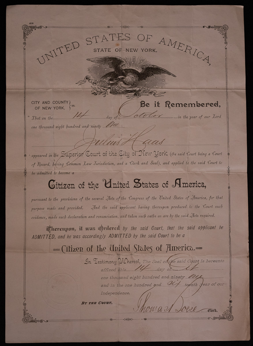 Julius Haas naturalization certificate