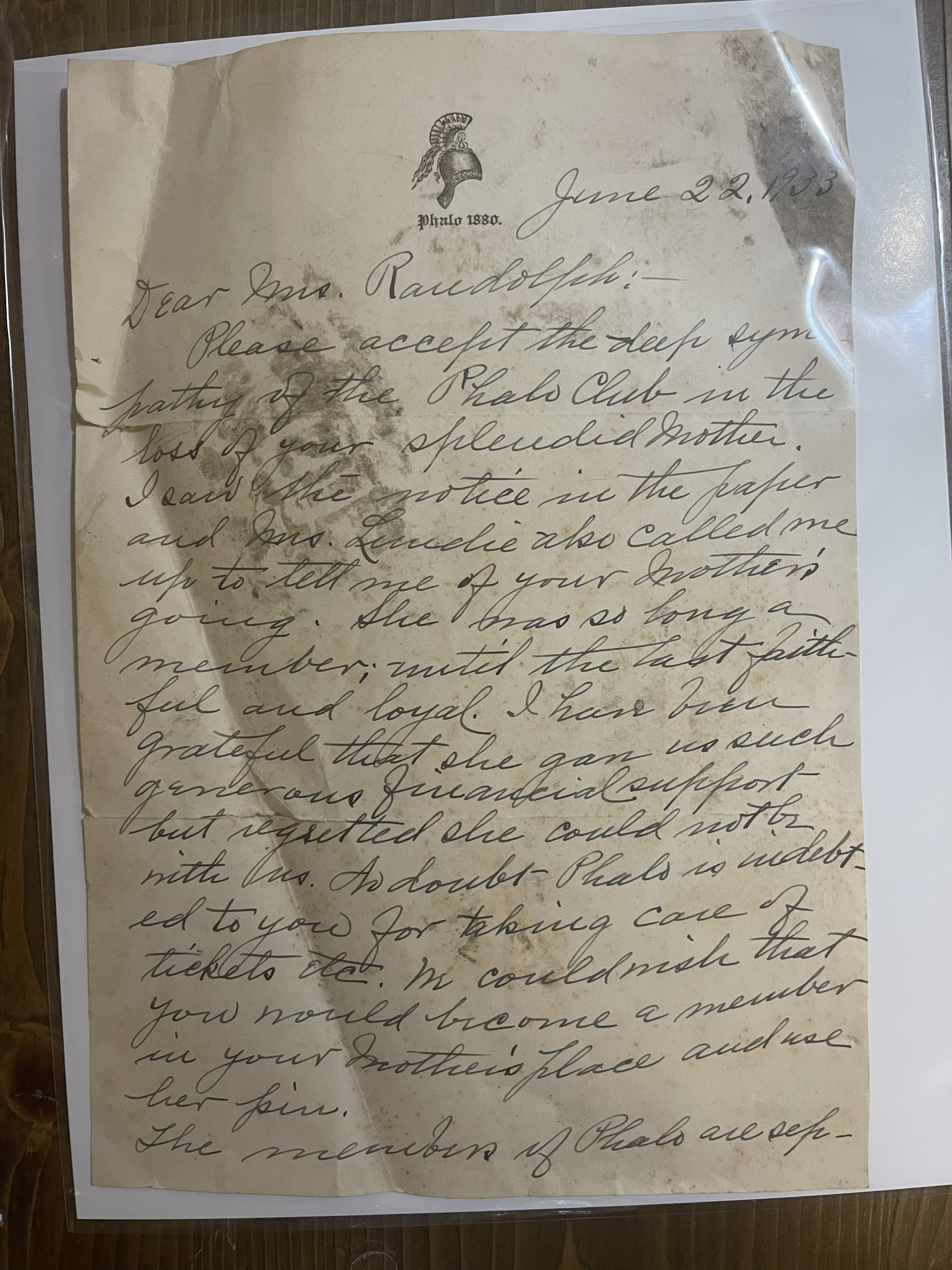 The Phalo condolence letter, page 1